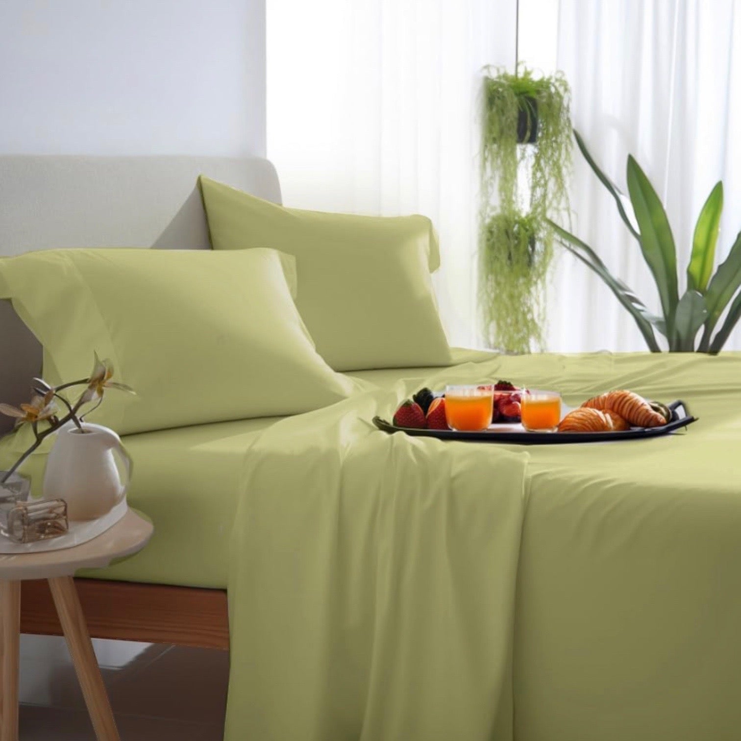 JUEGO DE SÁBANAS DE ALGODÓN VERDE PISTACHO DE 400 HILOS